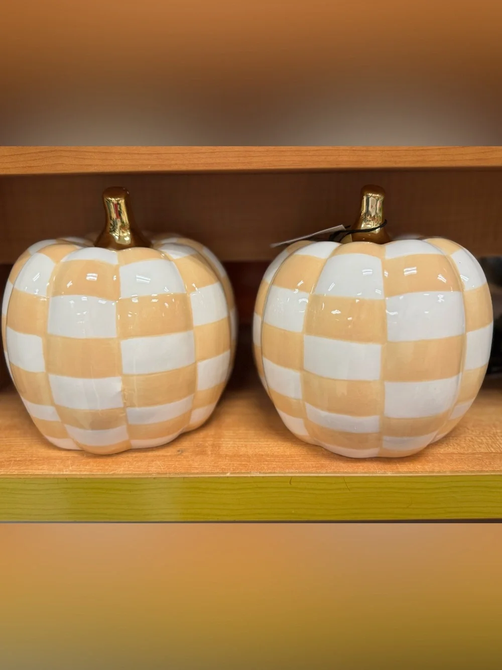 2 Checkerboard Ceramic Pumpkin Accent - Cream and White
